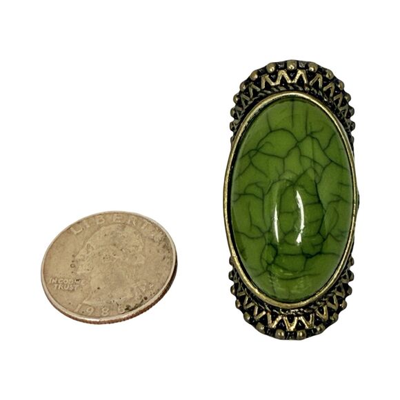 Green Glass Full Finger Brass Ring 6.5 Bohemian Ethnic Boho Chic - Picture 13 of 16